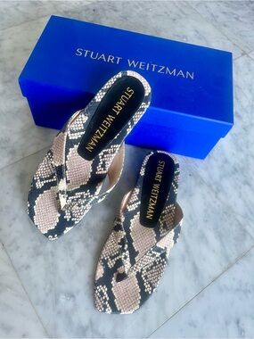 Stuart Weitzman Women's Snake-Print Thong Sandals in Black & Beige - Size 6.5